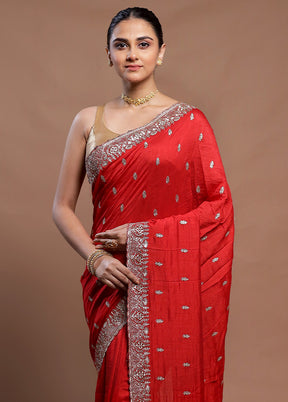 Red Tussar Silk Saree With Blouse Piece