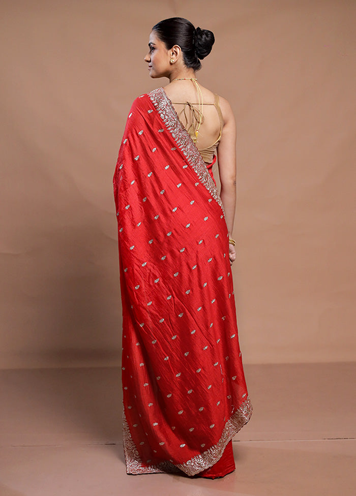 Red Tussar Silk Saree With Blouse Piece