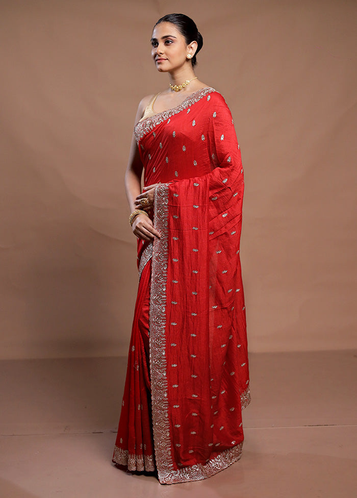 Red Tussar Silk Saree With Blouse Piece