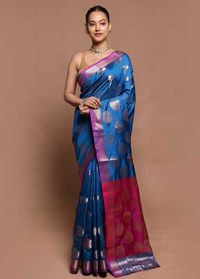 Blue Dupion Silk Saree With Blouse Piece
