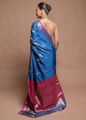 Blue Dupion Silk Saree With Blouse Piece