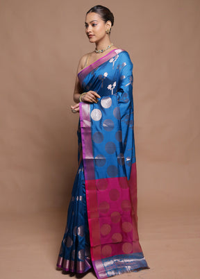 Blue Dupion Silk Saree With Blouse Piece