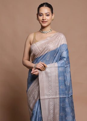 Blue Cotton Saree With Blouse Piece