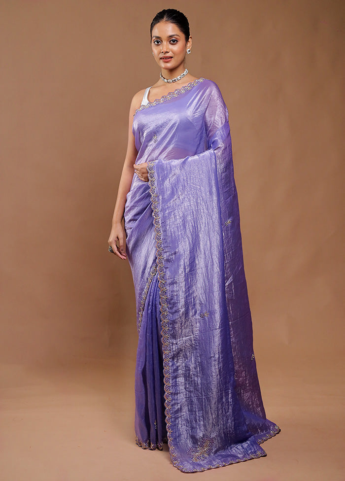 Purple Crushed Tissue Silk Saree With Blouse Piece