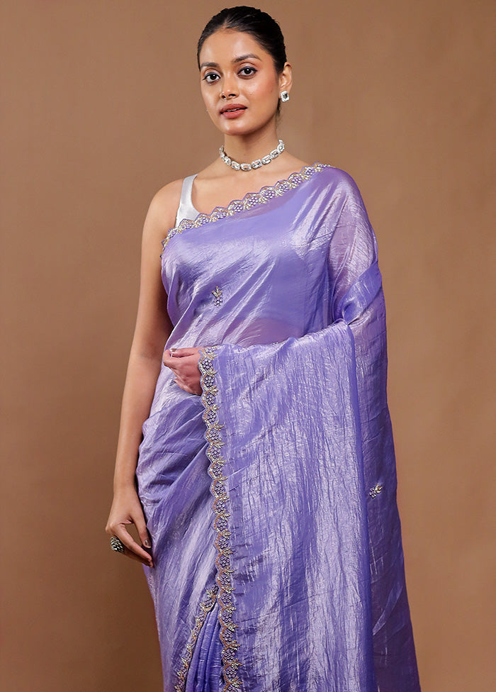 Purple Crushed Tissue Silk Saree With Blouse Piece