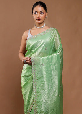 Green Crushed Tissue Silk Saree With Blouse Piece