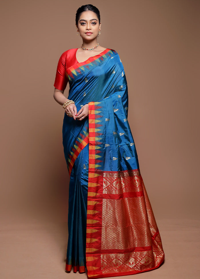 Blue Kanjivaram Silk Saree With Blouse Piece