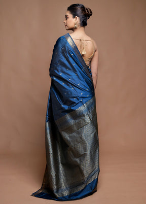 Blue Kanjivaram Silk Saree With Blouse Piece