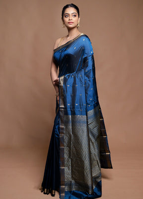 Blue Kanjivaram Silk Saree With Blouse Piece