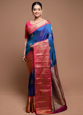 Blue Handloom Kanjivaram Pure Silk Saree With Blouse Piece