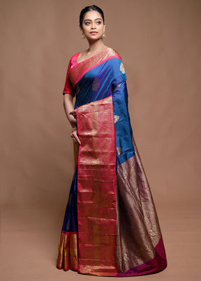 Blue Handloom Kanjivaram Pure Silk Saree With Blouse Piece