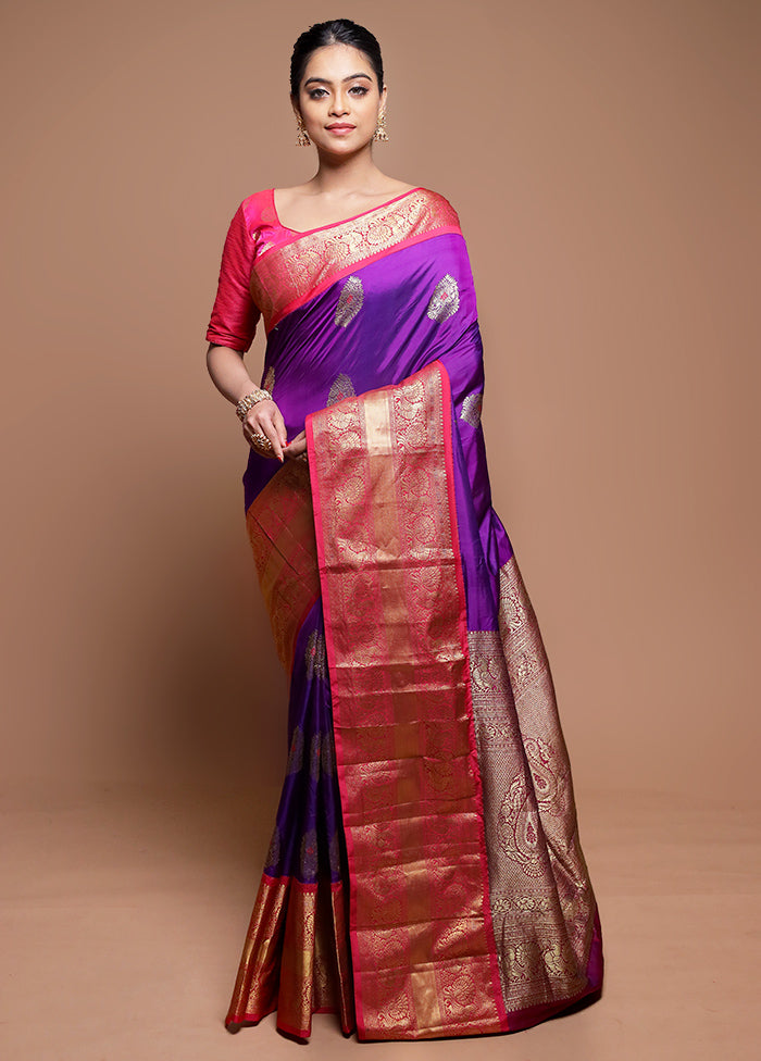 Purple Handloom Kanjivaram Pure Silk Saree With Blouse Piece