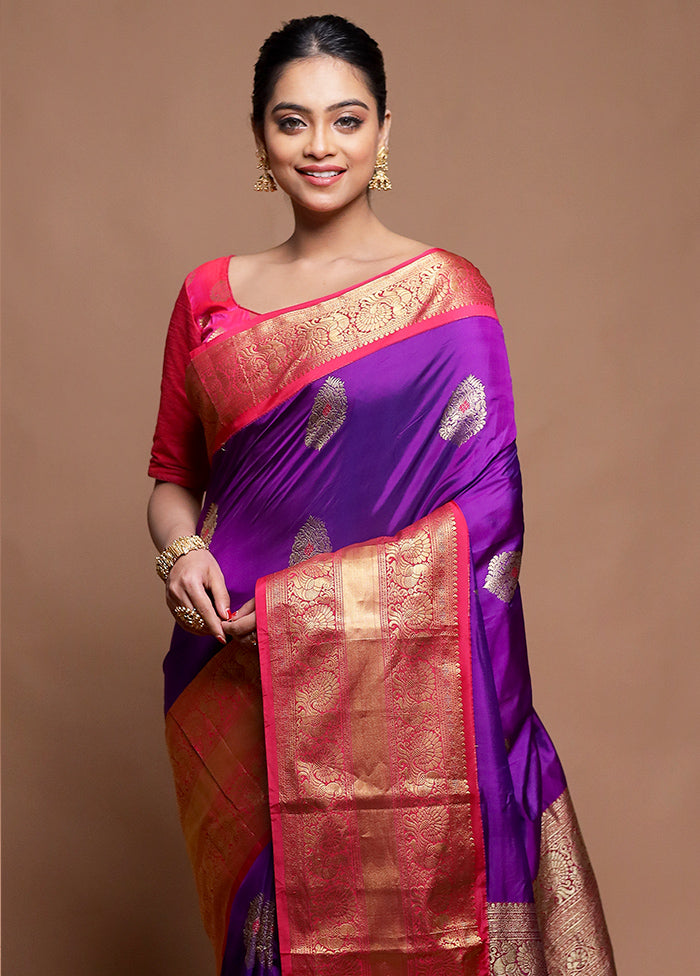 Purple Handloom Kanjivaram Pure Silk Saree With Blouse Piece