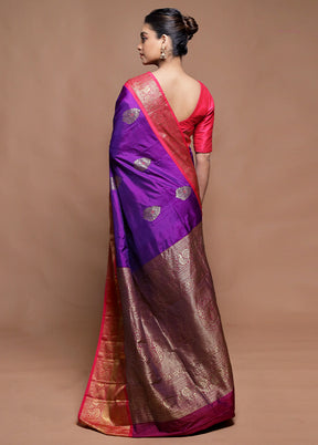 Purple Handloom Kanjivaram Pure Silk Saree With Blouse Piece