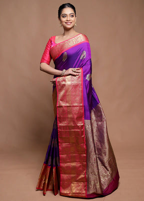 Purple Handloom Kanjivaram Pure Silk Saree With Blouse Piece