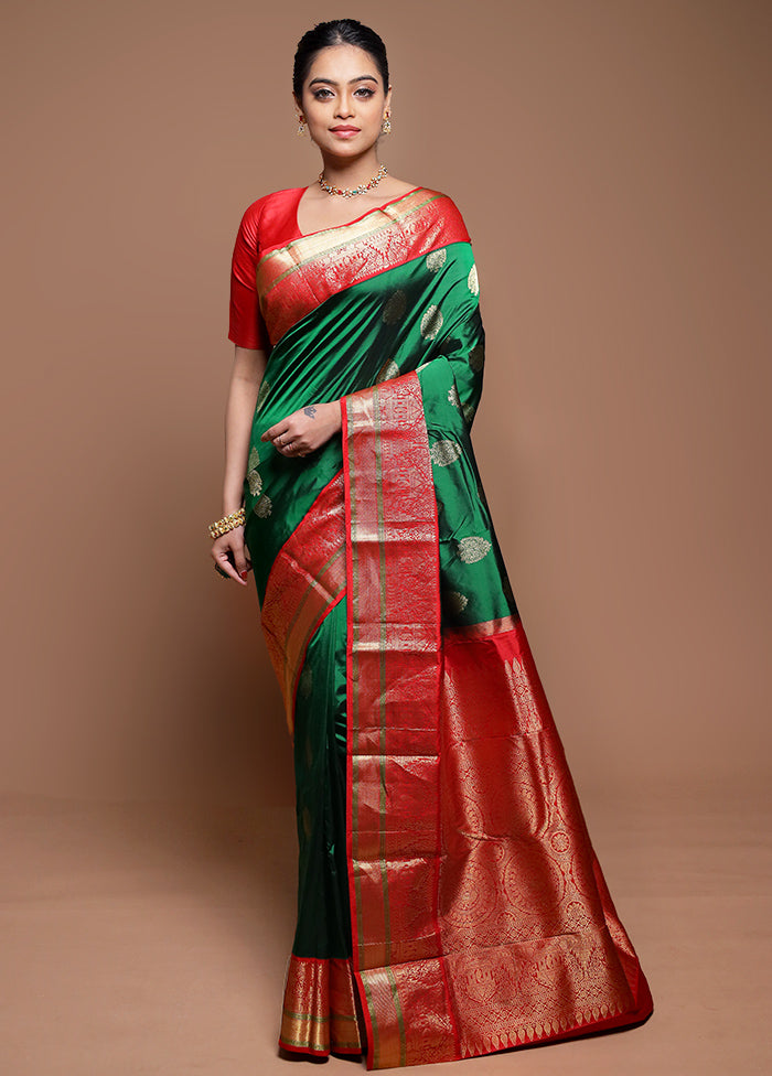 Green Handloom Kanchipuram Pure Silk Saree With Blouse Piece