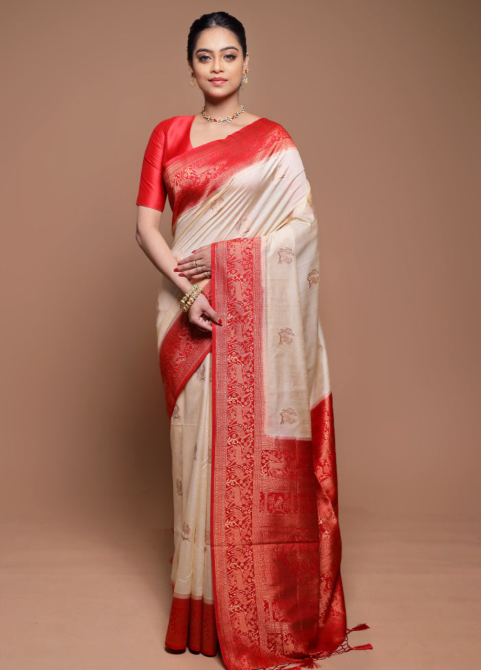 Cream Dupion Silk Saree With Blouse Piece