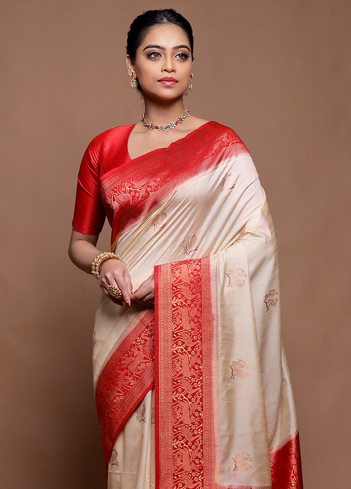 Cream Dupion Silk Saree With Blouse Piece