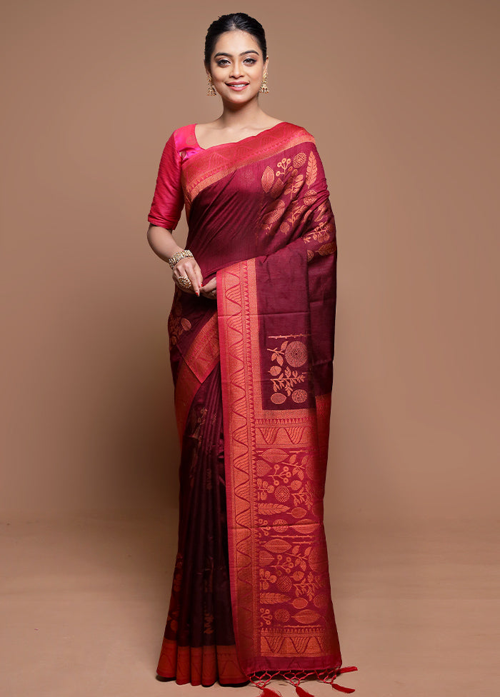 Maroon Dupion Silk Saree With Blouse Piece