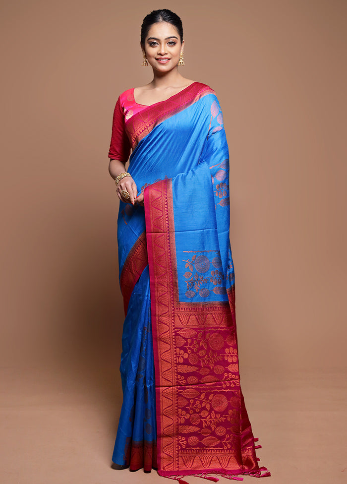 Blue Dupion Silk Saree With Blouse Piece