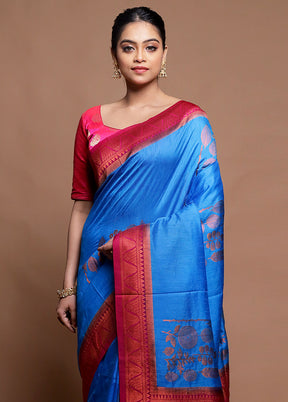 Blue Dupion Silk Saree With Blouse Piece