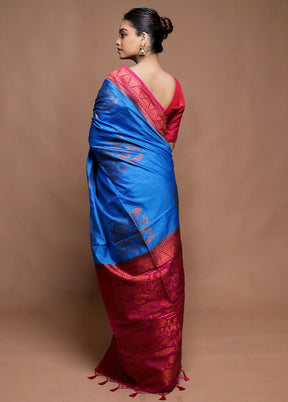 Blue Dupion Silk Saree With Blouse Piece