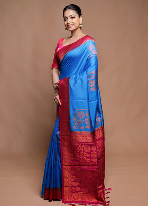 Blue Dupion Silk Saree With Blouse Piece