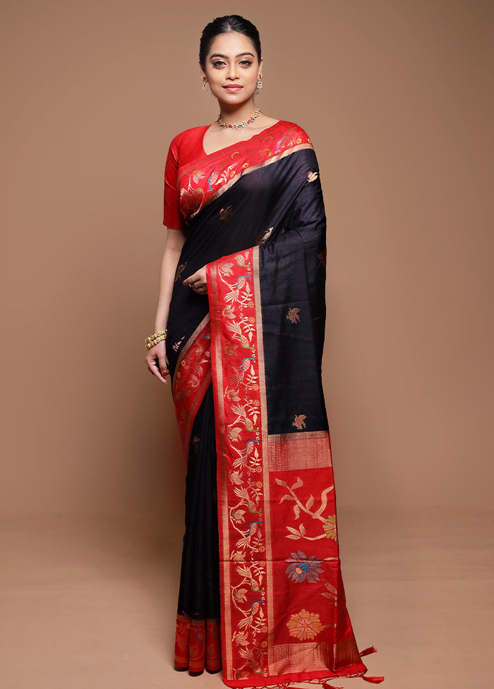 Black Dupion Silk Saree With Blouse Piece