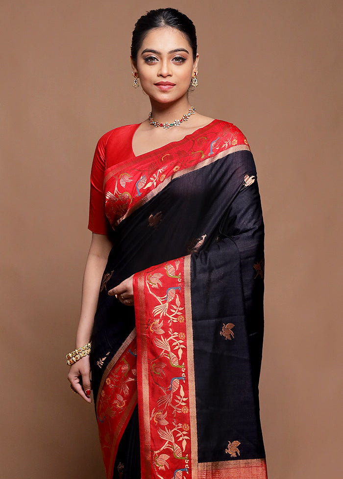 Black Dupion Silk Saree With Blouse Piece