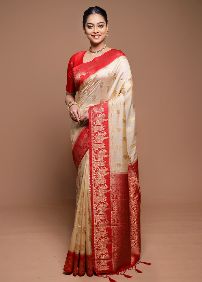 Cream Dupion Silk Saree With Blouse Piece