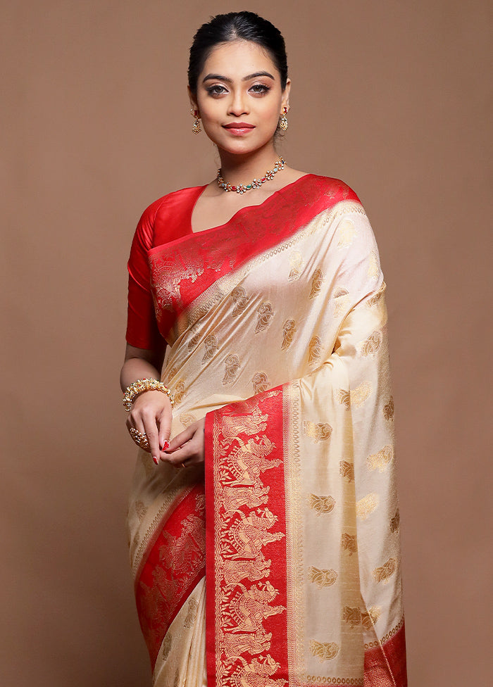 Cream Dupion Silk Saree With Blouse Piece