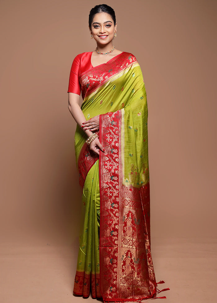 Green Dupion Silk Saree With Blouse Piece