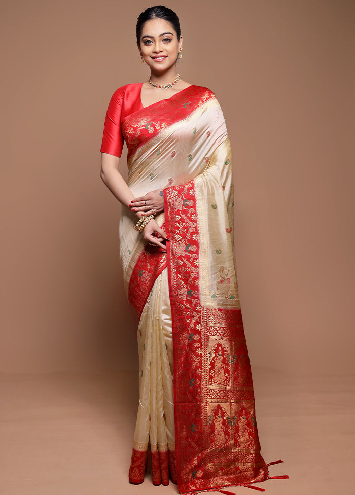 Cream Dupion Silk Saree With Blouse Piece