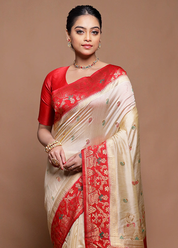 Cream Dupion Silk Saree With Blouse Piece