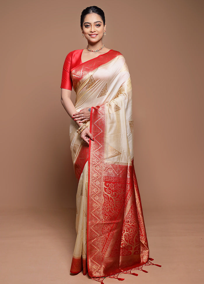 Cream Dupion Silk Saree With Blouse Piece