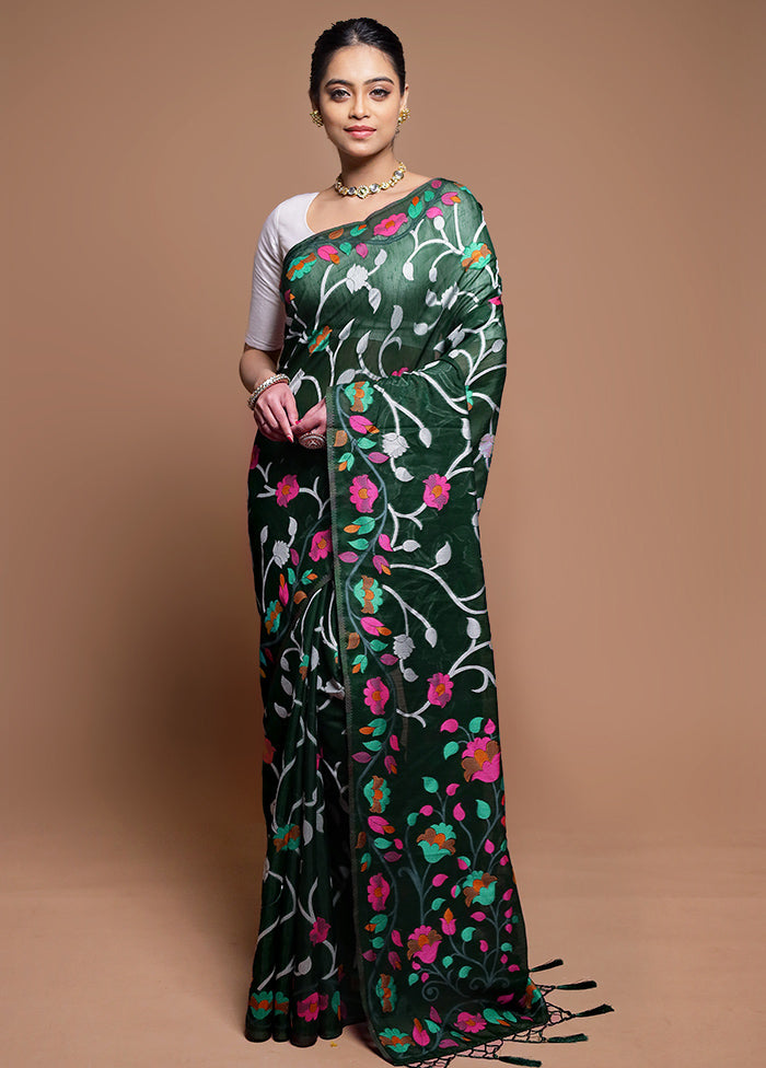 Green Dupion Silk Saree With Blouse Piece