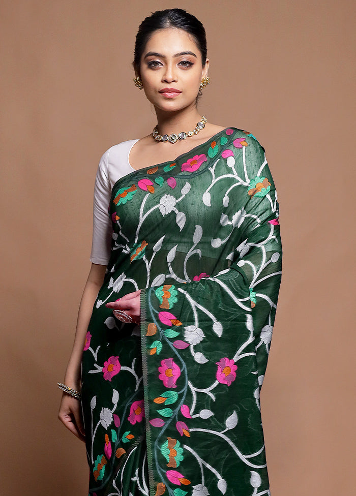 Green Dupion Silk Saree With Blouse Piece