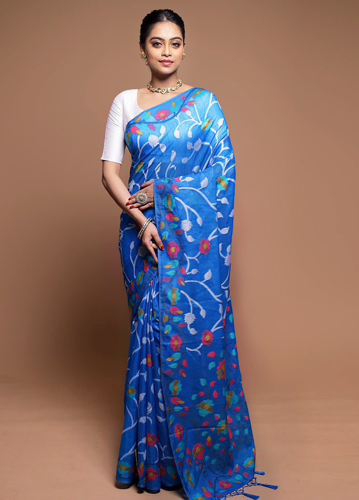 Blue Dupion Silk Saree With Blouse Piece