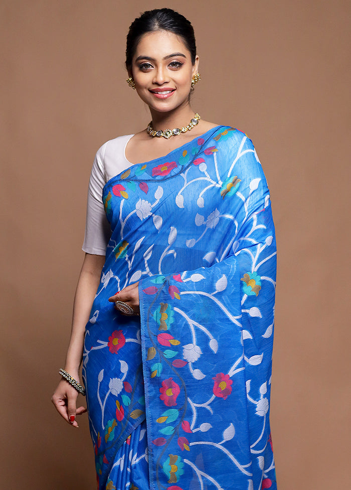 Blue Dupion Silk Saree With Blouse Piece