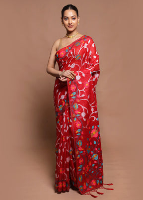 Red Dupion Silk Saree With Blouse Piece