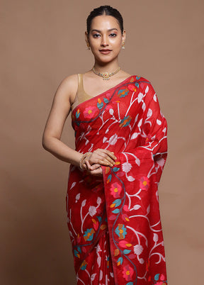 Red Dupion Silk Saree With Blouse Piece