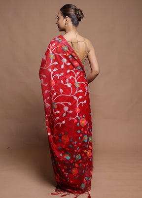 Red Dupion Silk Saree With Blouse Piece