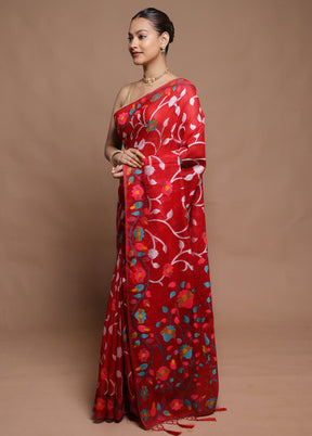 Red Dupion Silk Saree With Blouse Piece