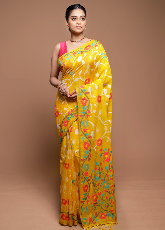 Yellow Dupion Silk Saree With Blouse Piece