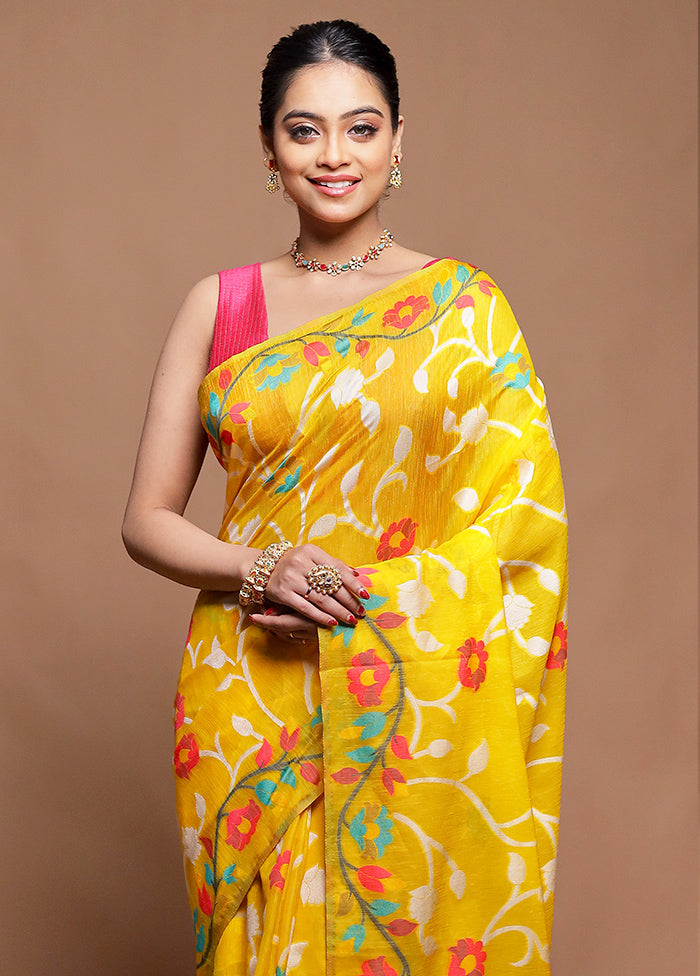 Yellow Dupion Silk Saree With Blouse Piece