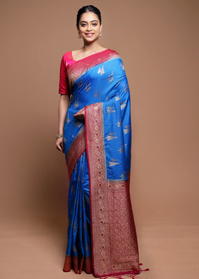 Blue Dupion Silk Saree With Blouse Piece