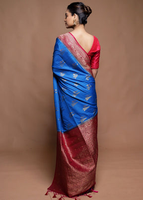 Blue Dupion Silk Saree With Blouse Piece