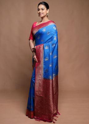 Blue Dupion Silk Saree With Blouse Piece