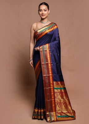 Blue Kanjivaram Silk Saree With Blouse Piece