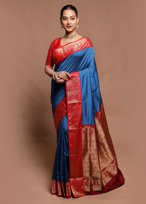 Blue Kanjivaram Silk Saree With Blouse Piece